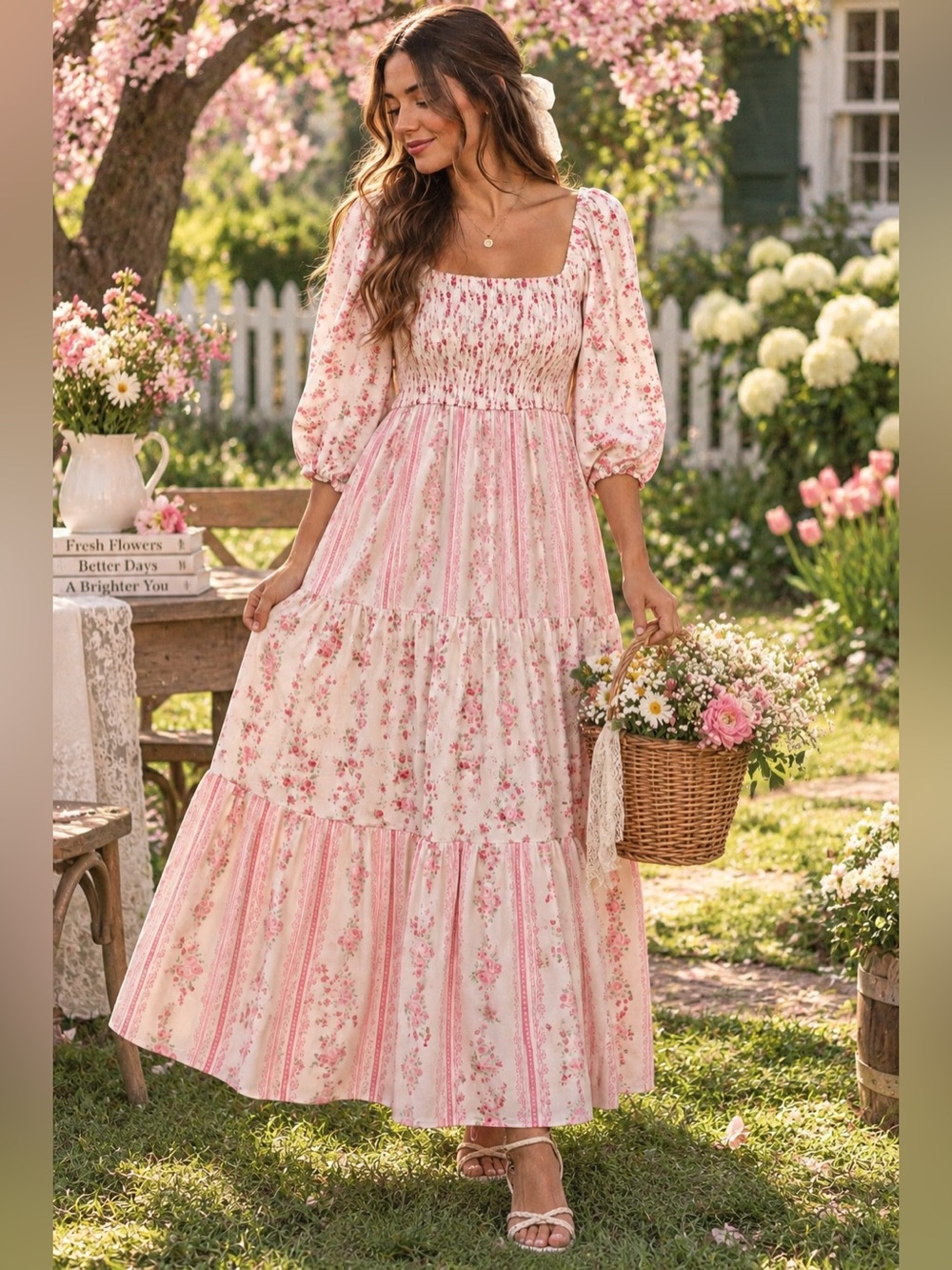Pink Floral Cottagecore Maxi Dress Smocked Bodice Puff Sleeve Prairie Dress